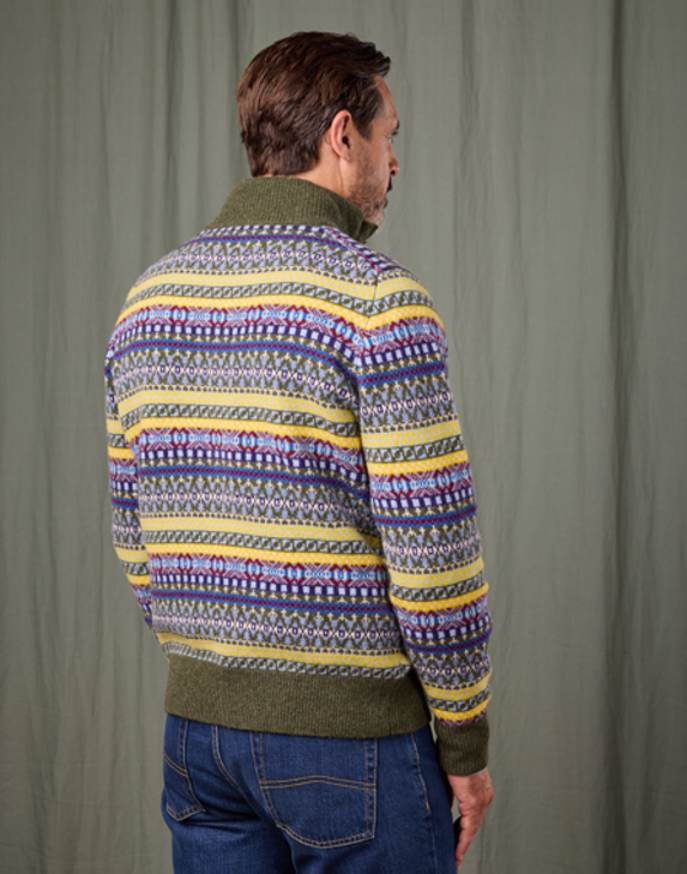 Fair Isle Button Neck Jumper - Green/Red/Yellow