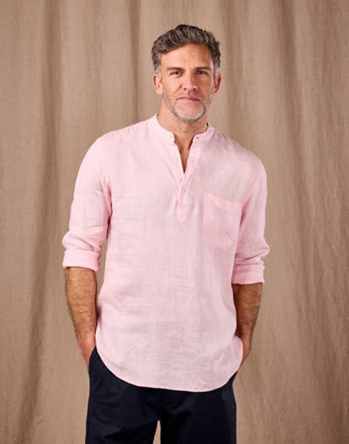 Linen Grandad Half Placket Shirt - Pink