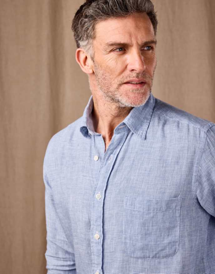 Linen Shirt Long Sleeve - Blue Dogtooth
