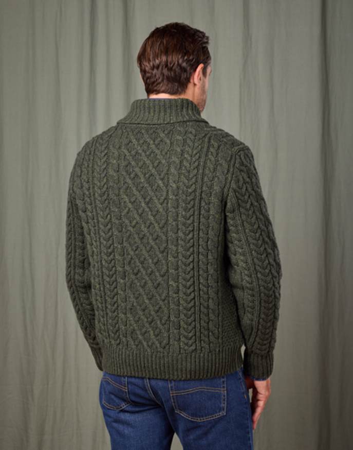 Aran Shawl Collar Jumper - Dark Green