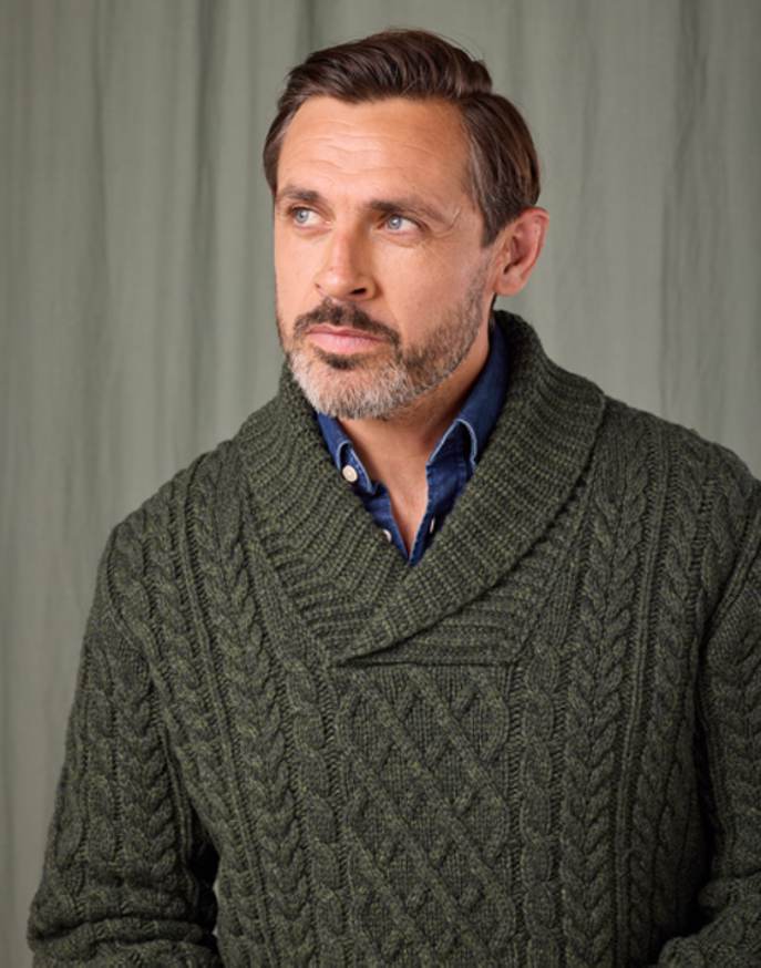 Aran Shawl Collar Jumper - Dark Green