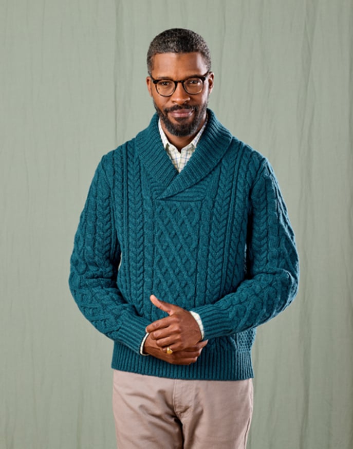 Aran Shawl Collar Jumper - Teal | Joseph Turner