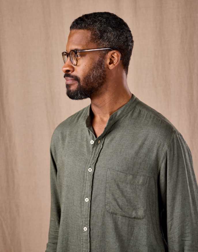 Linen Grandad Collar Shirt - Dark Olive