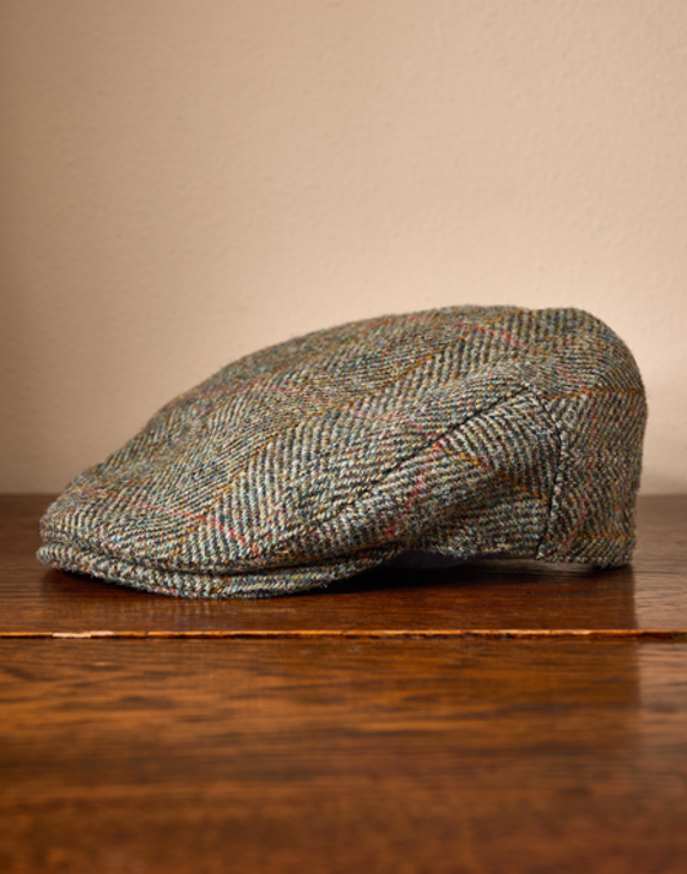 Harris Tweed Flat Cap - Sage/Wine Herringbone