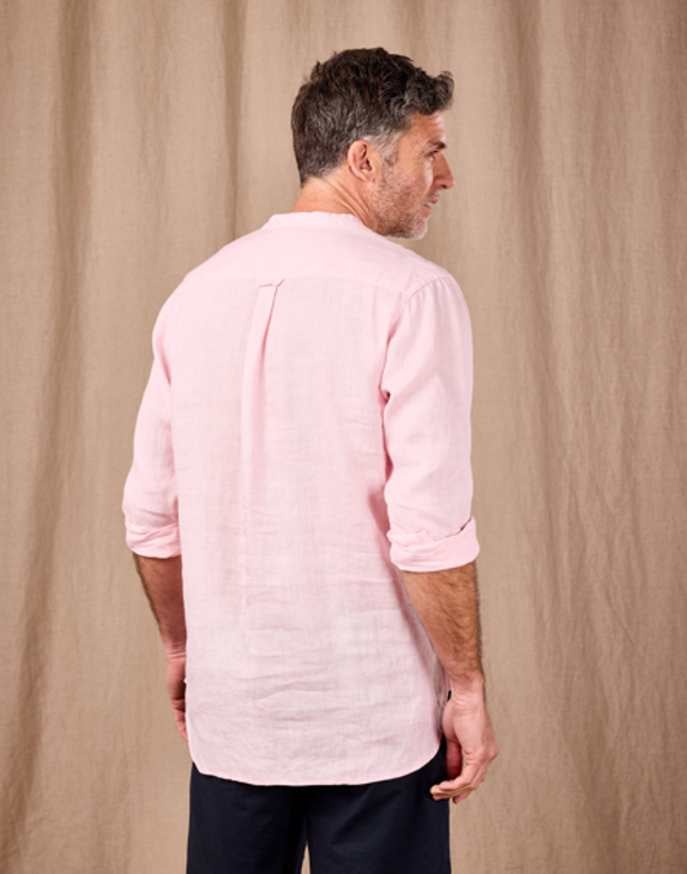 Linen Grandad Half Placket Shirt - Pink
