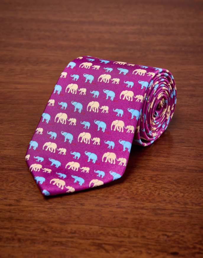Elephants on Magenta Printed Silk Tie
