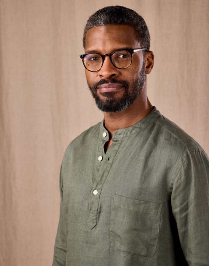 Linen Grandad Half Placket Shirt - Dark Olive