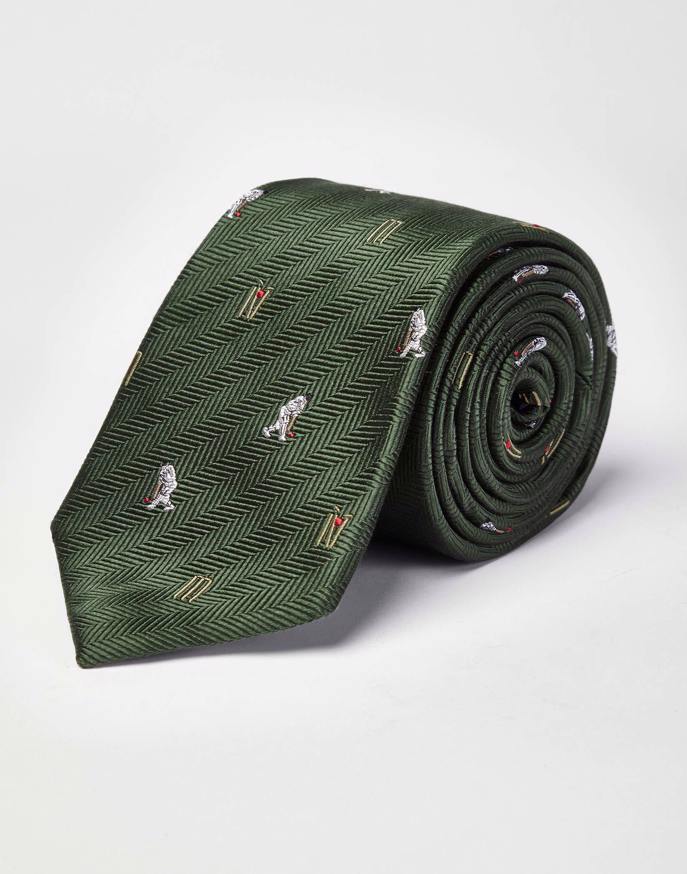 Cricketers on Green Woven Silk Tie