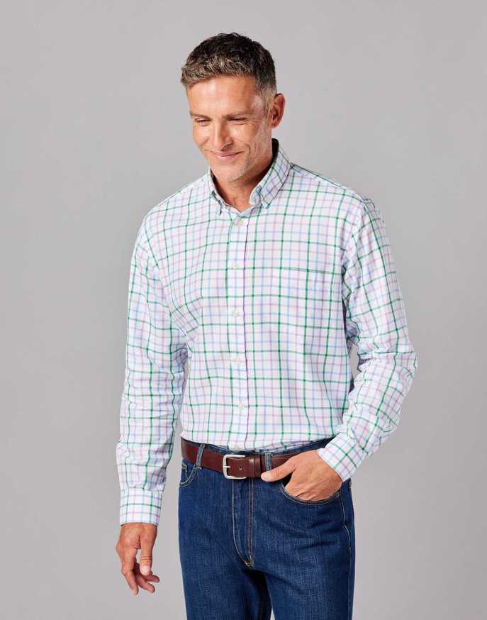 Button Down Oxford Shirt - Green/Purple/Blue Check