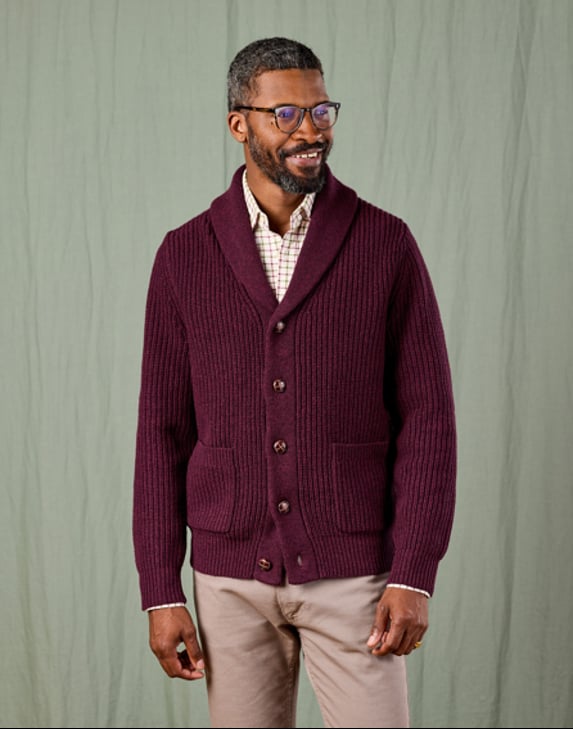 Shawl Cardigan Burgundy Mens Cardigan Rib Knit, Shawl Collar