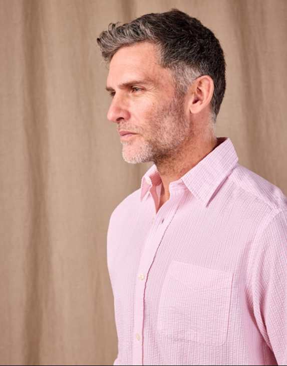 strapless open back dress Pink and White Stripe dress shirt with POW Collar and 3-Button Cuffs