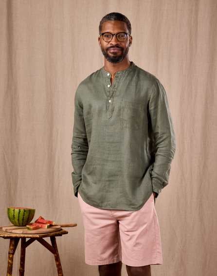 Linen Grandad Half Placket Shirt - Dark Olive