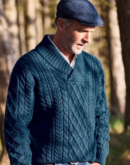 Aran Shawl Collar Jumper - Teal