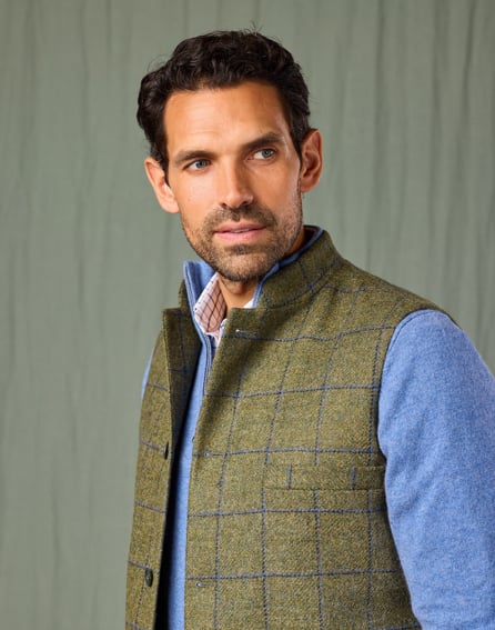 Tweed Nehru Gilet - Olive/Blue
