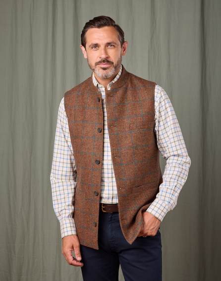 Tweed Nehru Gilet - Brown/Green