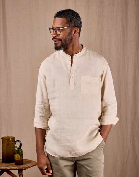 Linen Grandad Half Placket Shirt - Stone