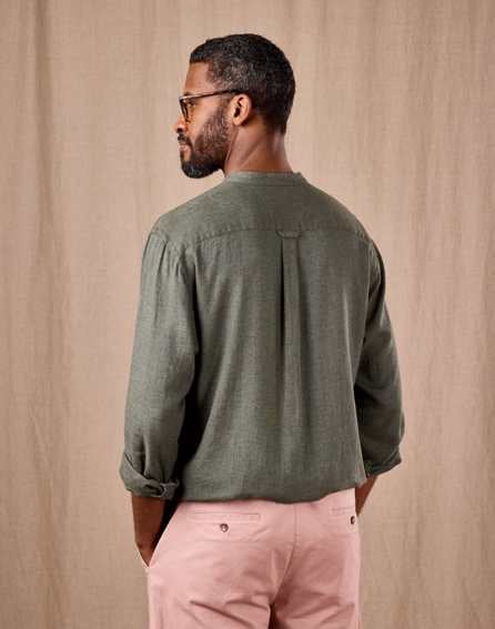Linen Grandad Collar Shirt - Dark Olive