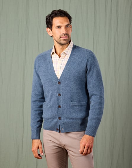BATONER CHOMA CREW NECK CARDIGAN グレーブルー Lambswool Cardigan - Blue | Joseph Turner