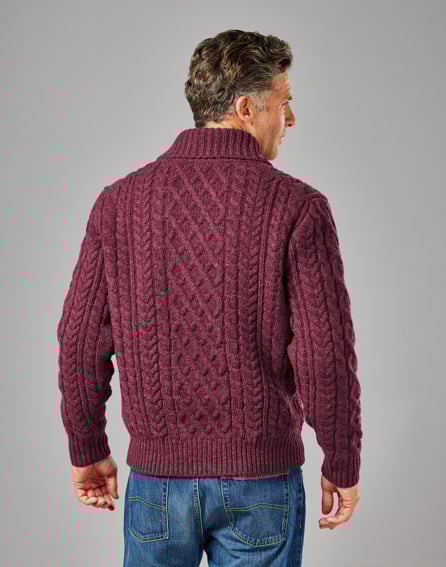 Aran Shawl Collar Jumper - Wine