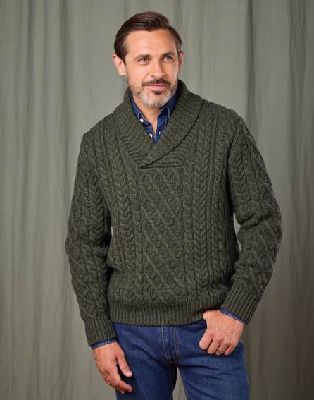 Aran Shawl Collar Jumper - Dark Green
