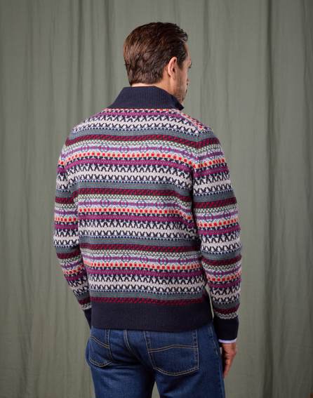 Fair Isle Button Neck Jumper - Blue/Red