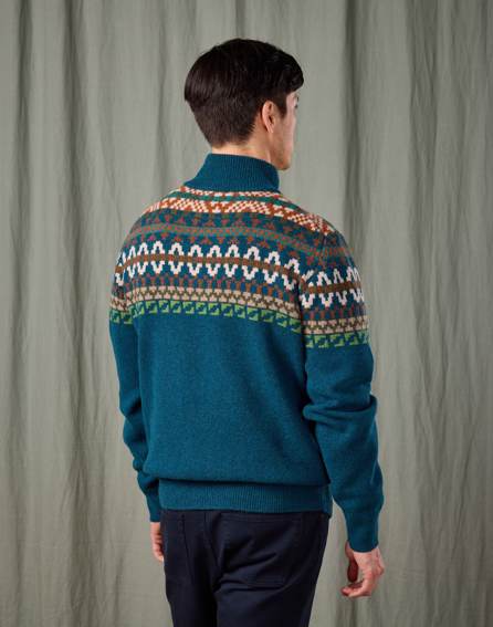 Fair Isle Half Zip Jumper - Teal/Orange