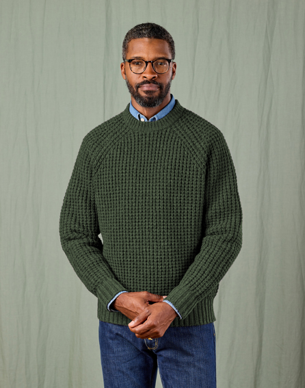 Waffle Crew Neck Jumper - Dark Green | Joseph Turner