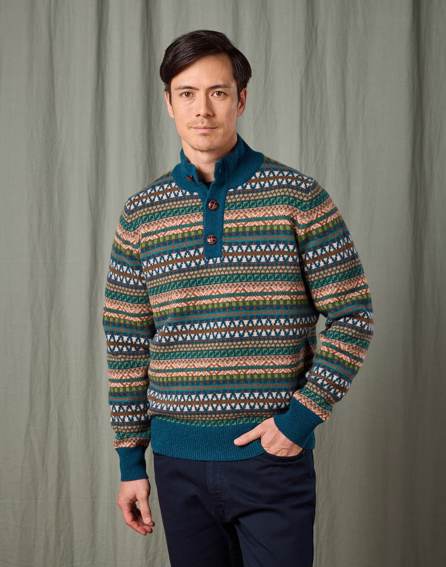 Fair Isle Button Neck Jumper - Teal/Orange