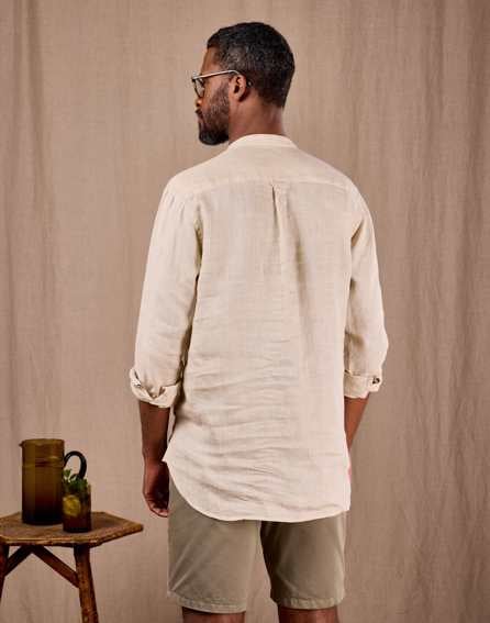 Linen Grandad Half Placket Shirt - Stone