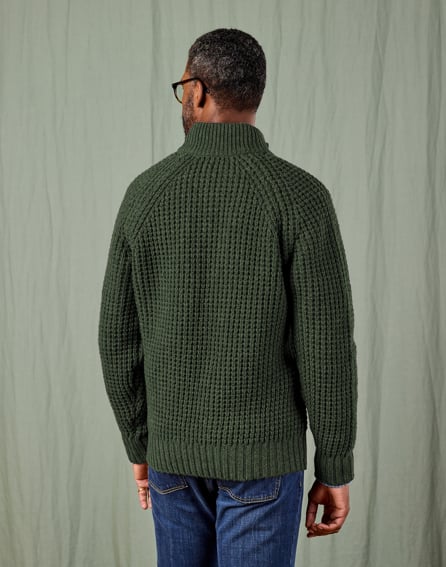 Waffle Button Neck Jumper - Dark Green