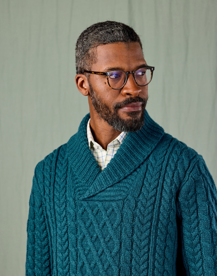 Aran Shawl Collar Jumper - Teal | Joseph Turner
