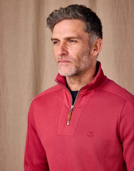 Half Zip Waffle Sweatshirt - Brick Red