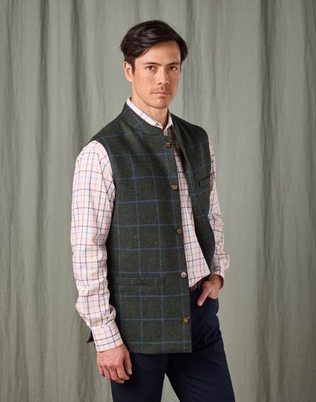 Tweed Nehru Gilet - Green/Blue