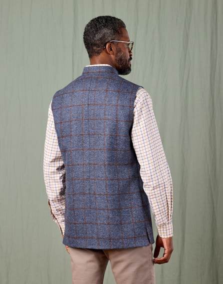 Tweed Nehru Gilet - Navy/Burnt Orange | Joseph Turner