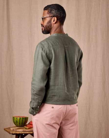 Linen Grandad Half Placket Shirt - Dark Olive