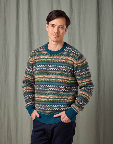 Fair Isle Crew Neck Jumper - Teal/Orange