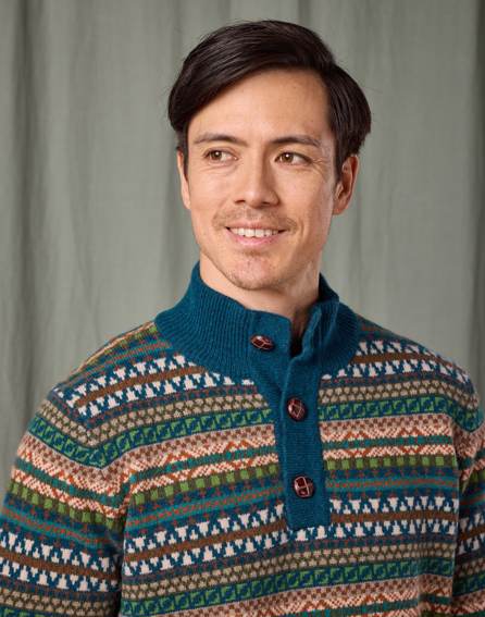 Fair Isle Button Neck Jumper - Teal/Orange