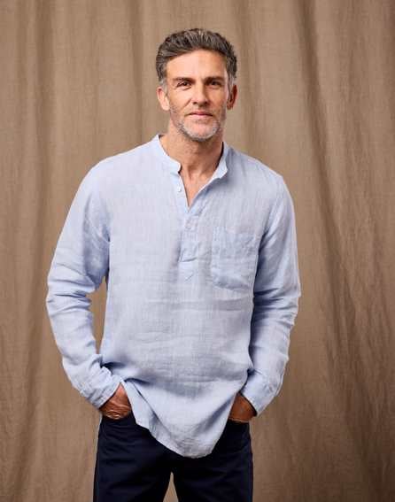 Linen Grandad Half Placket Shirt - Light Blue