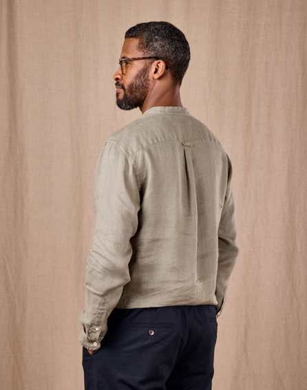 Linen Grandad Half Placket Shirt - Light Olive