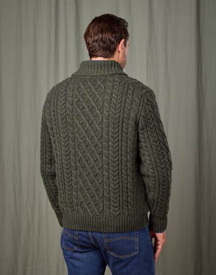 Aran Shawl Collar Jumper - Dark Green