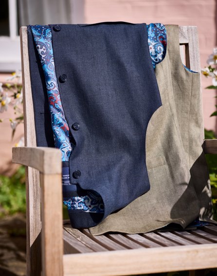 Wool/Linen Nehru Gilet - Light Olive Herringbone