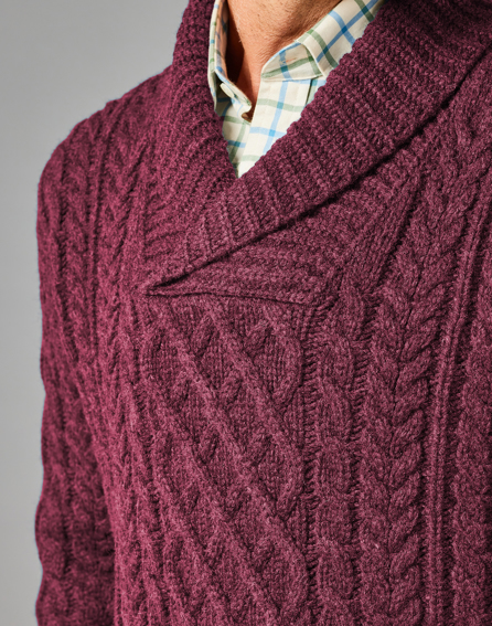Aran Shawl Collar Jumper - Wine