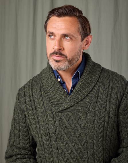 Aran Shawl Collar Jumper - Dark Green
