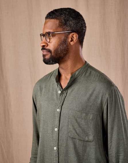 Linen Grandad Collar Shirt - Dark Olive | Joseph Turner