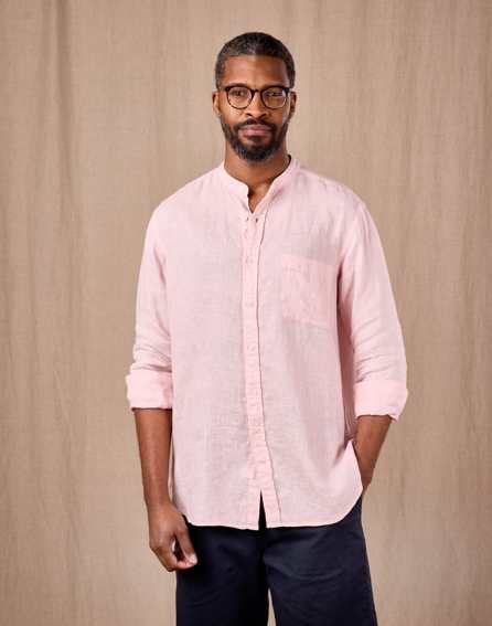 Linen Grandad Collar Shirt - Pink