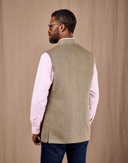 Wool/Linen Nehru Gilet - Light Olive Herringbone