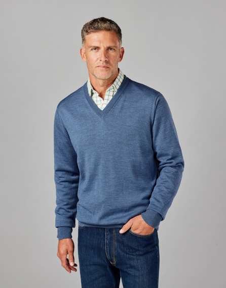 Merino V Neck Jumper - Mid Blue