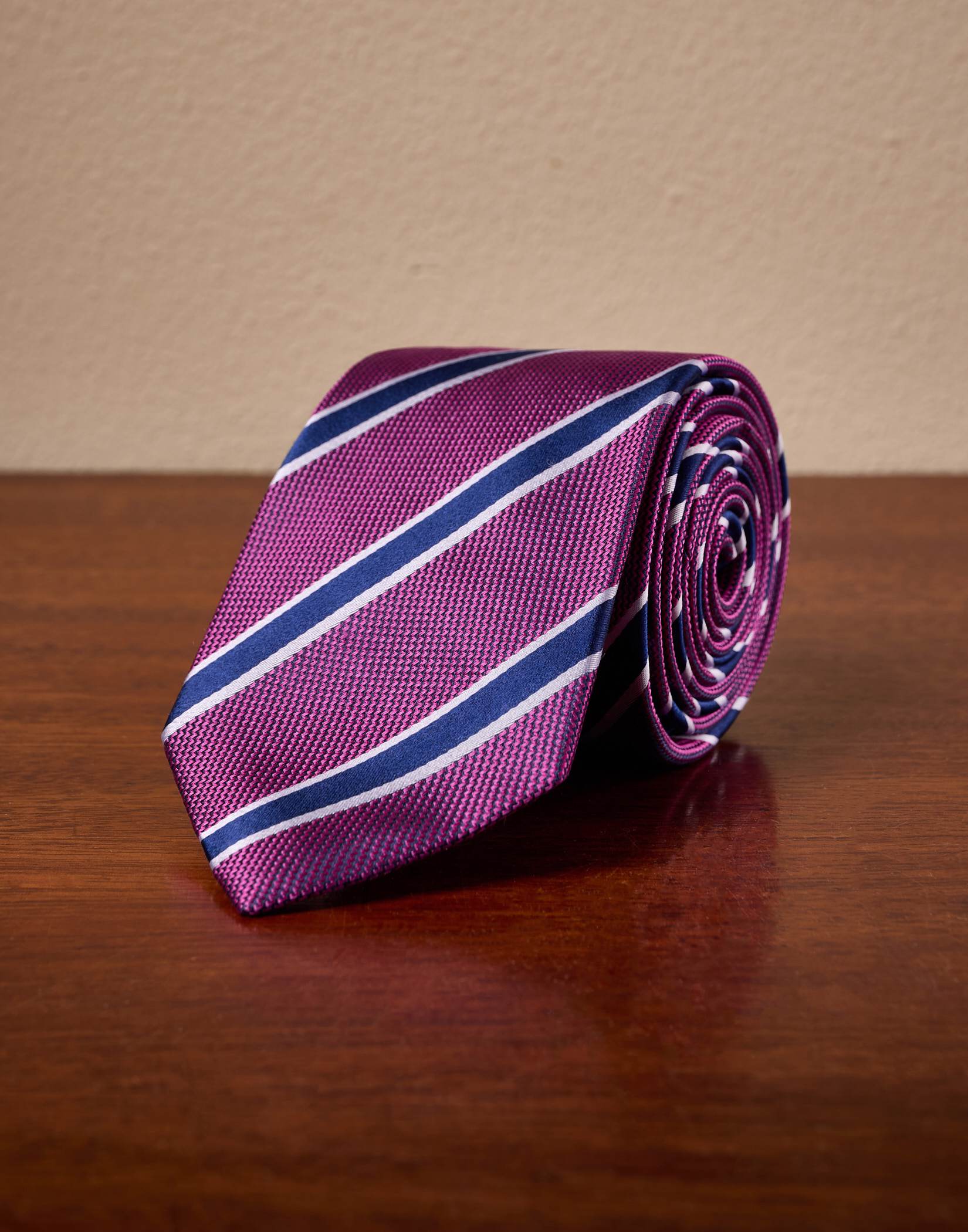 Magenta/Navy Stripe Woven Silk Tie