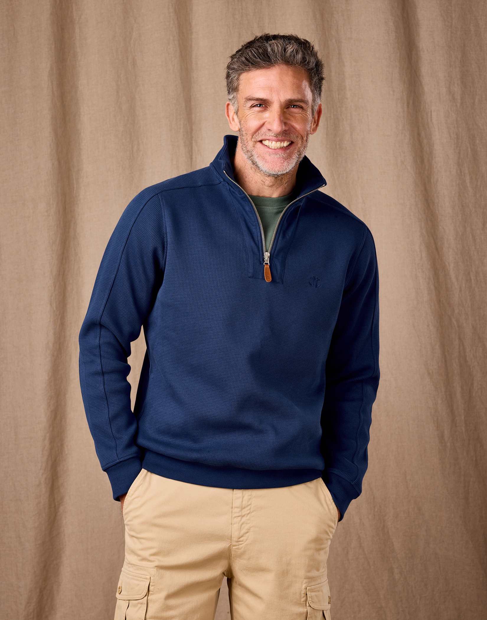Half Zip Waffle Sweatshirt- Dark Blue
