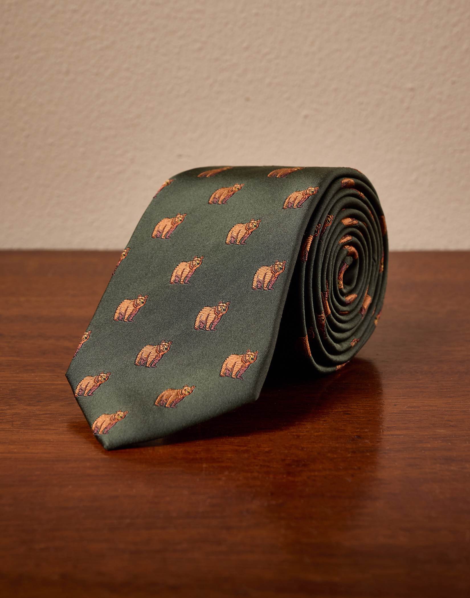 Brown Bear on Green Woven Silk Tie